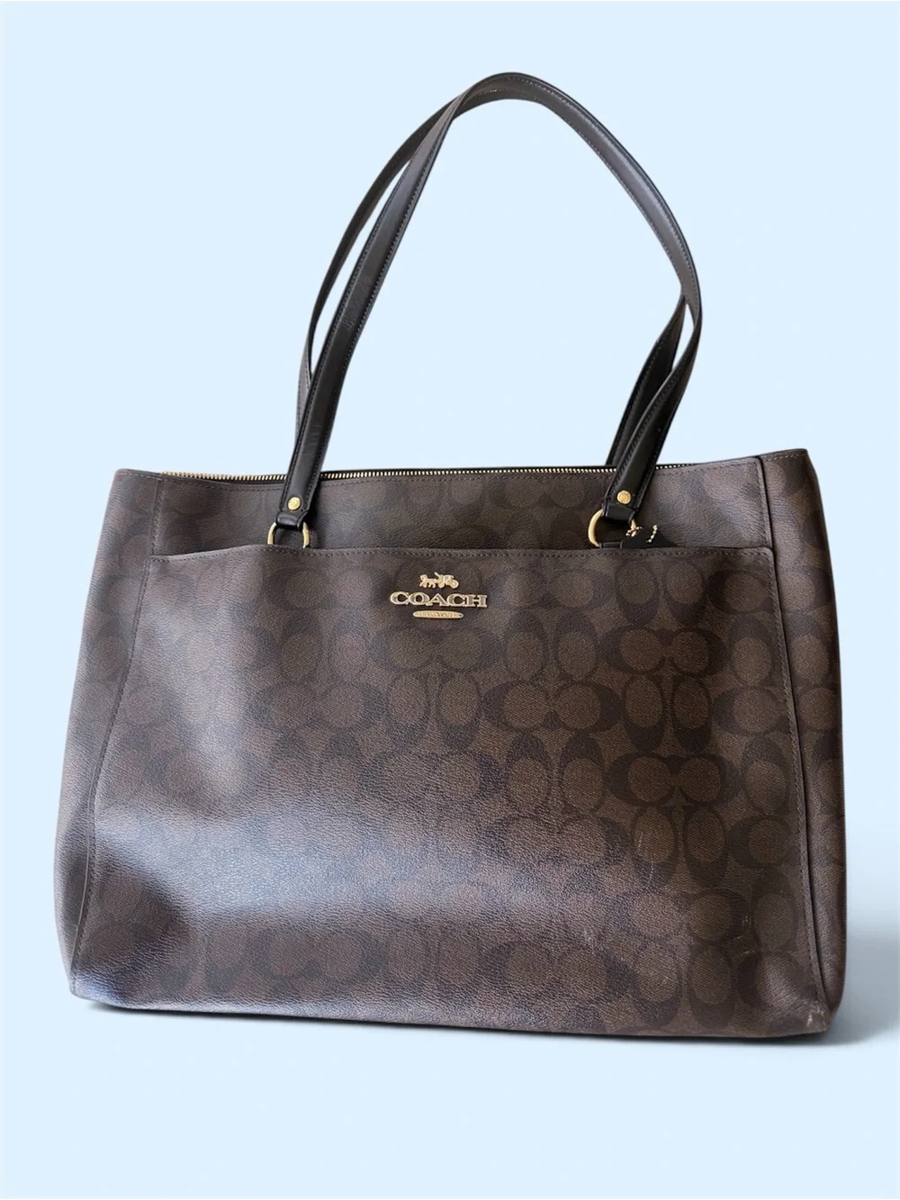 Coach Dark Brown Signature Canvas Tote with Gold Hardware